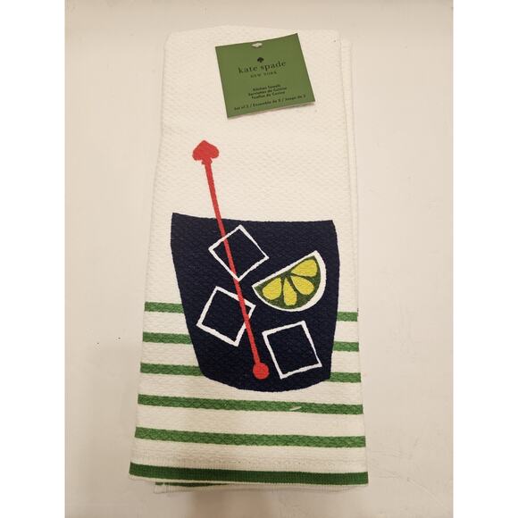 Kate Spade Set of 2 Kitchen Towels Rocks Glass Drink 17"X28" 100% Cotton White‎ - Picture 2 of 7